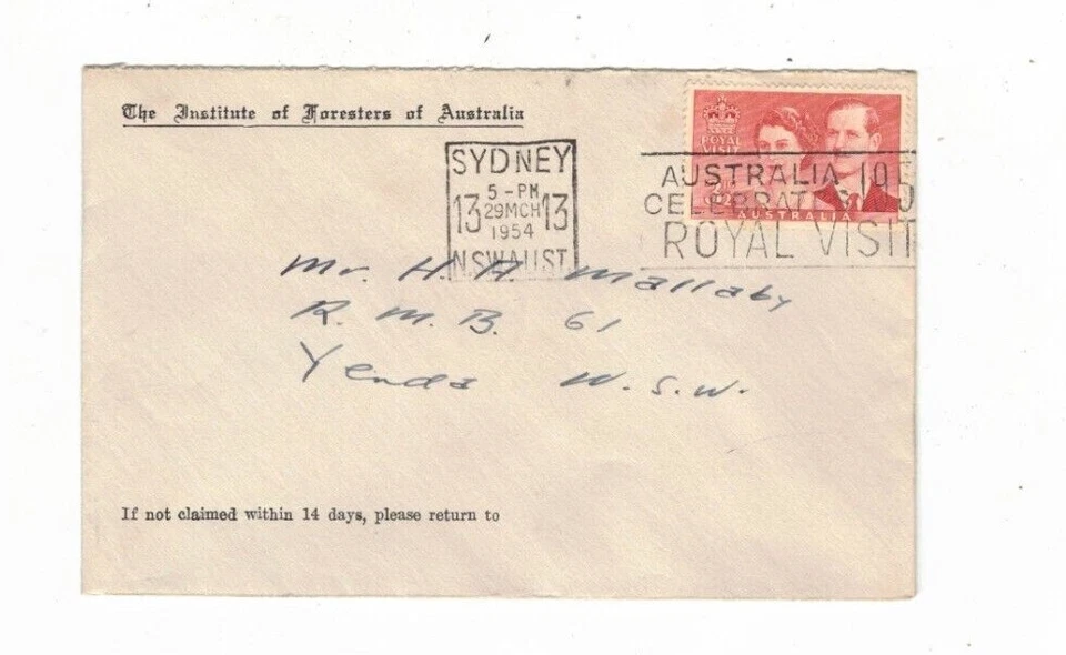 Australia 1954 INSTITUTE FORRESTERS Cover,cds ROYAL VISIT SLOGAN CANCEL NSW - Image 1 of 1