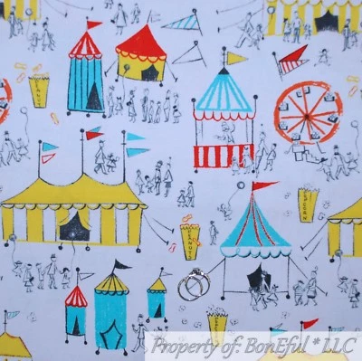 BonEful FABRIC FQ Cotton Quilt White Red Blue Stripe Yellow Circus Tent People  - Image 1 of 4