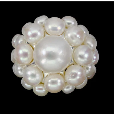 925 Anello Argento Sterling Rotondo Perla 13mm Big Naturale Gemma Misura 9 - Immagine 1 di 3