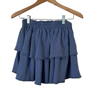 Aerie Weekend Ruffle Tiered Mini Skirt Blue Terry Cloth Pull On Women's Size M - Picture 1 of 12