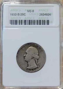 1932-S Washington Quarter – Key Date – ANACS VG8 – Rare Low-Mintage Early Issue - Picture 1 of 4