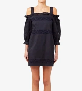 SEED HERITAGE Size 12 Navy Blue Embroidered Panel Off The Shoulder Mini Dress - Picture 1 of 13