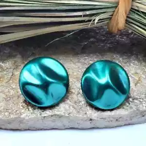 70's Japan Green Dimple Clip-On Earrings Stud Silver Tone Tone Bold Vintage - Foto 1 di 7