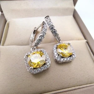4Ct Round Cut Lab Created Citrine Drop Dangle Earrings 14K White Gold Plated - Picture 1 of 3