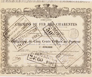 COMPAGNIE DES CHEMINS DE FER DES CHARENTES - OBLIGATION 500 FRANCS 1962 - FRANCE - Picture 1 of 2