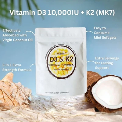 Vitamin D3 K2 Softgel Capsules Extra Strength D3 K2 Supplements with 10000 IU US - Image 1 of 4