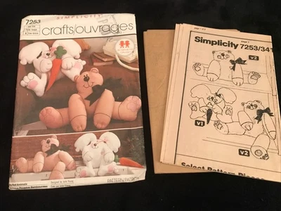 VTG Simplicity Sewing Pattern 7253 Stuffed Animals 1985 Rabbit Bear Uncut - Image 1 of 2