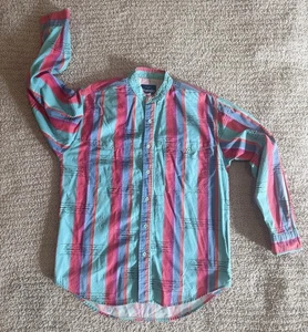 WRANGLER USA 90s Vintage Pink/Blu Stripe Button Up Brushpopper Shirt Med 15-15.5 - Picture 1 of 17