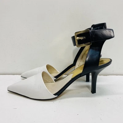 Michael Kors Womens Black White Solid Leather Ankle Strap Heels Size 9M - Image 1 of 4