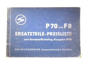 Ersatzteilpreisliste für P70 und F8, VEB Sachsenring Ausgabe 1958 - Bild 1 von 3