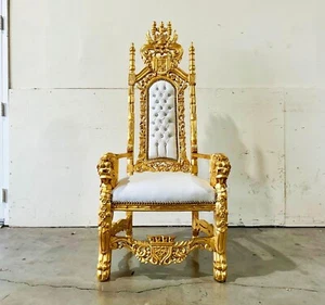 French Medieval Style King Throne Chair with White Leather and Gold Leaf Details - Picture 1 of 8