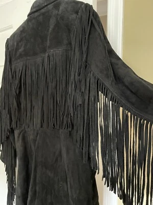 🆕Black Real Leather Suede Long Sleeve Fringe jumpsuit romper  Size Medium 6 - Image 1 of 4