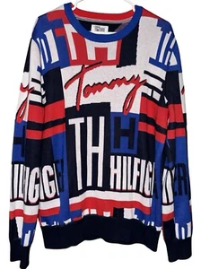 Y2K Tommy Hilfiger Sweater Men XL All Over Print Spell Out Graffiti Writing - Picture 1 of 9