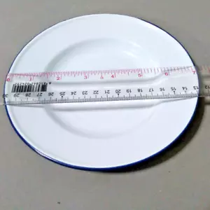 7" White enamel round Plates dinner set dishes blue trim enamelware vintage au - Picture 1 of 11