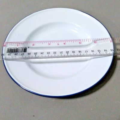 7" White enamel round Plates dinner set  dishes blue trim enamelware vintage au - Image 1 of 4