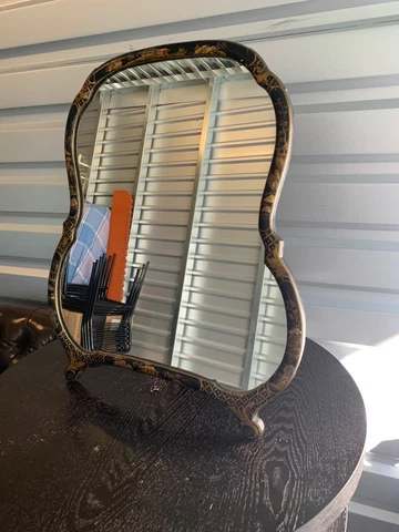 ANTIQUE STANDING MIRROR DECORATIVE BLACK GOLD COLOR FLORAL WOOD MIRROR 20" X 17" Cover