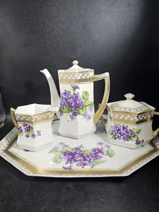 Vintage C.S. Prussia Chocolate Pot Set, Handpainted, Damaged, Repaired, As Is - Picture 1 of 16