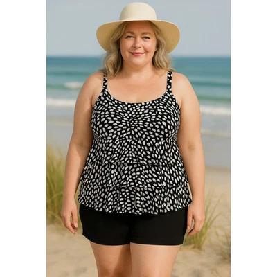 Camiseta Tankini Island Escape Mujer Negra Blanca Estampado Animal Con Aros Volantes 20W Foto 1 de 4