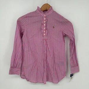 Camisa Ralph Lauren Niñas 8 Rosa Rayas Botón Frontal Volantes Carne Poni - Imagen 1 de 7