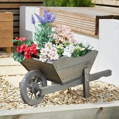 Wooden Wheelbarrow Flower Planter Outdoor Garden Ornament Stand Decor Cart Plant - Image 1 of 4