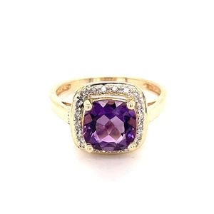 14k Yellow Gold Cushion Cut 2 Ct Amethyst Diamond Halo Ring Size 7 1/4 - 3.1 Gr - Picture 1 of 17