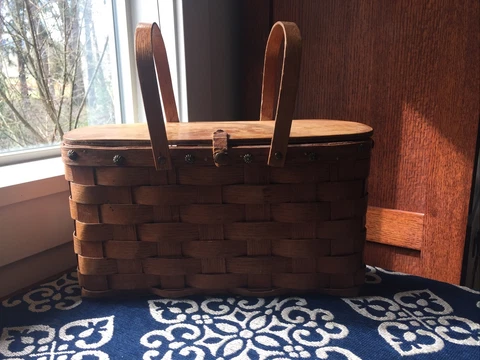 Vintage Woven Wood Picnic Knitting Basket Wood Top Wood Handles 1950’s? Cover