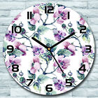 Glass Wall Clock Pale blackberry flower Watercolour Purple green Round Silent 