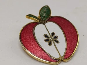 Vintage rote Apfel Brosche/Anstecknadel Emaille goldfarben bunt kleines Design mit Samen - Bild 1 von 5