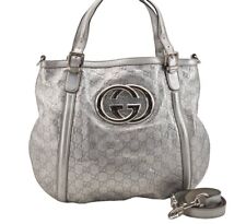 Auth GUCCI Guccissima 2Way Shoulder Hand Tote Bag GG Leather 162886 Silver 9034I