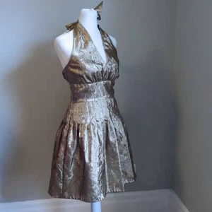 90s Vintage Liz Claiborne Gold Dress Halter Marilyn Monroe Metallic Size 4 - Picture 1 of 8