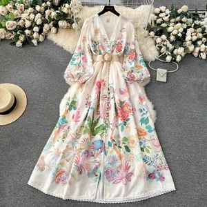 New Spring Summer Floral Holiday Maxi Dress Women's Linen V Neck Long Lantern - Picture 1 of 6