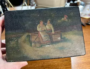 Antike 19. Jh. Handgefertigte bemalte Papier Mache Box ländlicher Bauernhof Szene Russisch - Bild 1 von 12