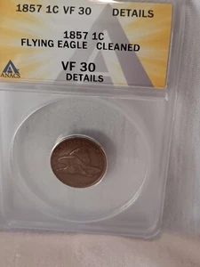 1857 Flying Eagle Cent.   ANACS VF 30.   Details.  Cleaned.  Great eye appeal! - Picture 1 of 2