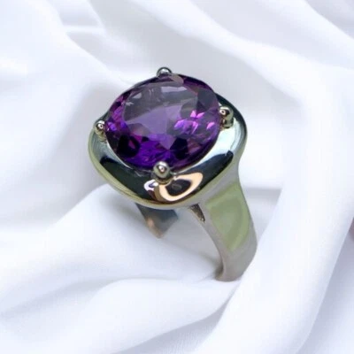 Anillo Brutalista Amatista Natural Plata 925 Corte Redondo Hombre Mujer Foto 1 de 4