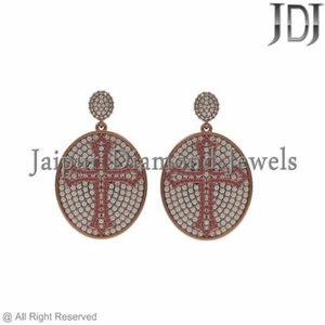 Pave Diamond Pink Ruby 14k Rose Gold Cross Dangle Earrings Religious Jewelry NEW - Picture 1 of 3