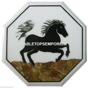 12" White Marble Coffee Hallway Table Top Running Horse Art Inlay Decor H4417