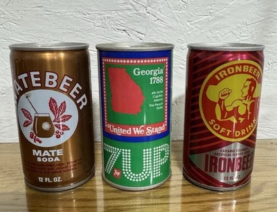 Lot Of 3 Vintage Steel Empty Soda Cans- MateBeer Soda-7UP Georgia -IronBeer Soda - Image 1 of 4