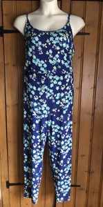 South Ladies Blue Jersey Jumpsuit Size 16-18 Floral 28” L Stretch Lattice Back - Picture 1 of 8