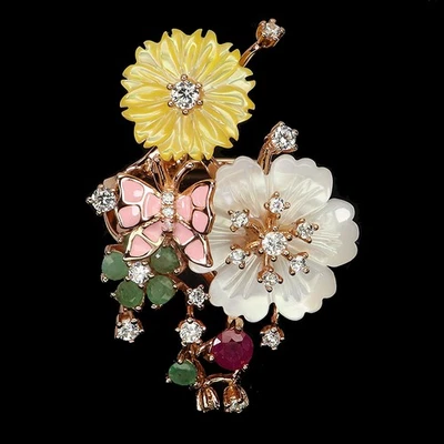 Black Friday 925 Sterling Silver Ring Round Ruby 4mm Emerald Mop Enamel Flower 8 - Image 1 of 4