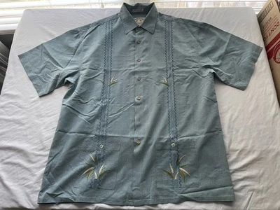Bamboo Cay Rayon Shirt Mens Large Button Up Embroidered Tiki Blue Hawaiian - Image 1 of 4