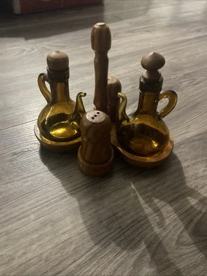 Vintage Amber Glass Oil & Vinegar With Wooden Salt & Pepper Set - Image 1 of 4