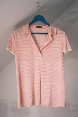 Blusa polo Loro Piana luxuosa feminina listrada de seda laranja tamanho 48 feita na Itália - Imagem 1 de 4