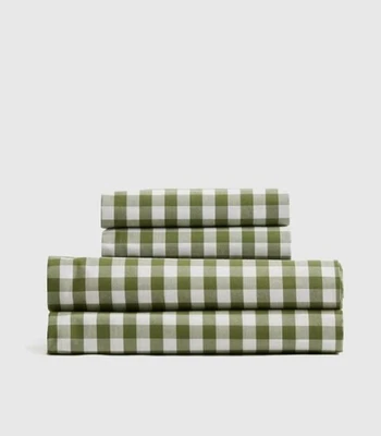 NWOT QUINCE KING CLASSIC ORGANIC COTTON 4 PIECE SHEET SET OLIVE GINGHAM - Image 1 of 4