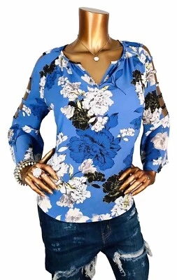 Jennifer Lopez M Top Floral Lite Wgt Blouse Bell Cut Out Sleeves Soft Essywear V - Image 1 of 4