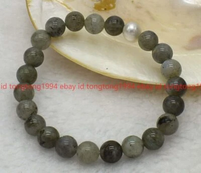 Natürliche 8mm graue Labradorit Runde Edelstein Perlen Armband 19-22cm - Bild 1 von 4