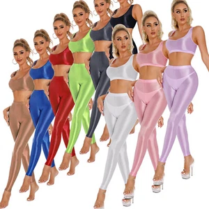 UK Women's Glossy Sleeveless Crop Top with High Waist Pants Yoga Gym Sports Set - Picture 1 of 108
