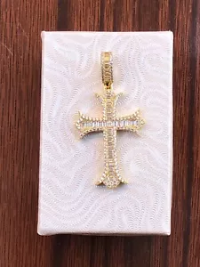 Mens 925 Sterling Silver Cz Gold Cross Pendant Baguette Cz 32mm(1.26")/45mm1.77" - Picture 1 of 10