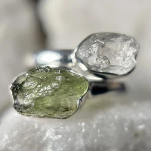 Rough Moldavite & Herkimer Diamond 925 Sterling Silver Ring Gift Jewelry RT-2154 - Picture 1 of 7