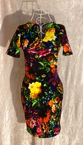 Club L Dress Women Bodycon Floral Short V Neck Multicolour Small Size 8 - Picture 1 of 8