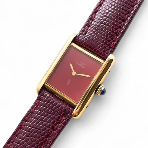Vintage Ladies' Must de Cartier Tank Vermeil With Red Dial and Burgundy Strap - Picture 1 of 8